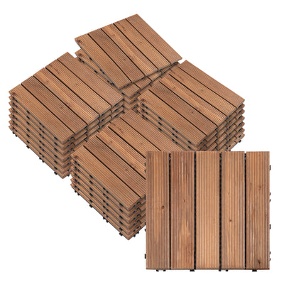 Outsunny 27 Pcs Solid Wood Interlocking Decking Tiles For Patio, Balcony, Roof Terrace, Hot Tub, Brown, (30 x 30 cm Per Piece) 