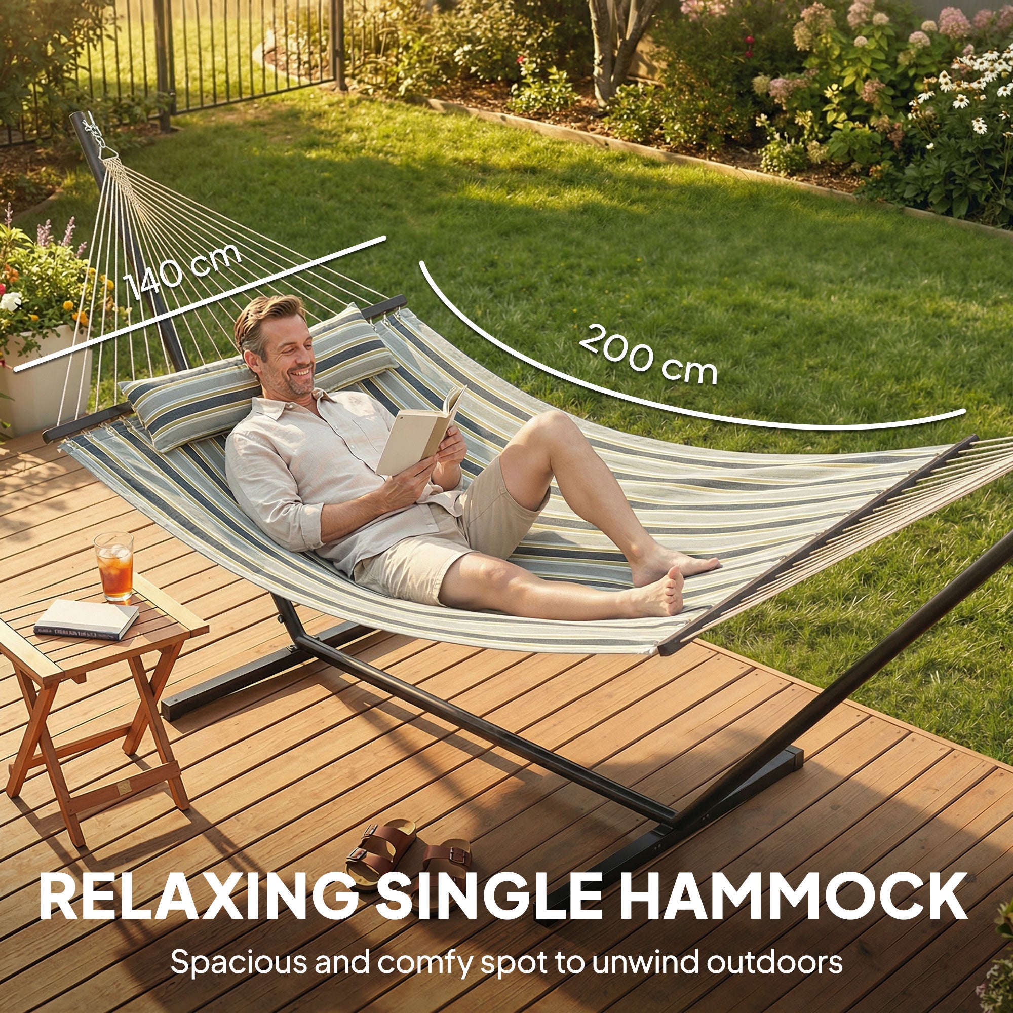 Outsunny Outdoor Hammock with Stand Detachable Pillow Striped Swing Steel Frame, for Garden, Patio, Green 