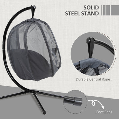 Outsunny Hanging Egg Chair, Folding Texteline Swing Hammock with Side Pocket, Cushion and Stand for Indoor Outdoor, Patio Garden Furniture, Grey 