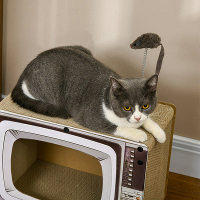 PawHut TV-Shaped Scratching Board with Scratcher, Catnip, Toy Rat, Cat Scratcher for Indoor Cats, 43 x 23 x 32.5cm 
