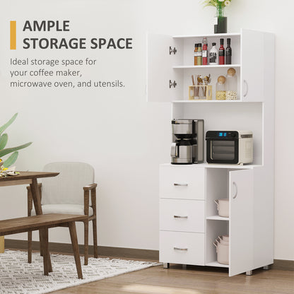 HOMCOM Free standing Kitchen Cupboard, Storage Cabinet with Doors and Sheleves, 3 drawers and Open Space, Adjustable Height Storage Unit, White 