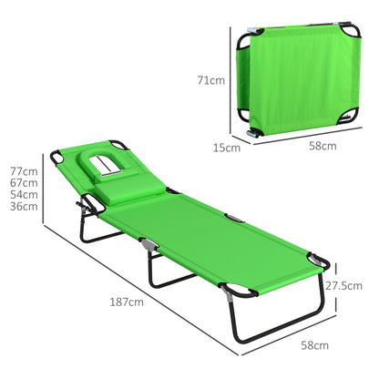 Outsunny Outdoor Foldable Sun Lounger Set of 2, 4 Level Adjustable Backrest Reclining Sun Lounger Chair with Pillow and Reading Hole, Green