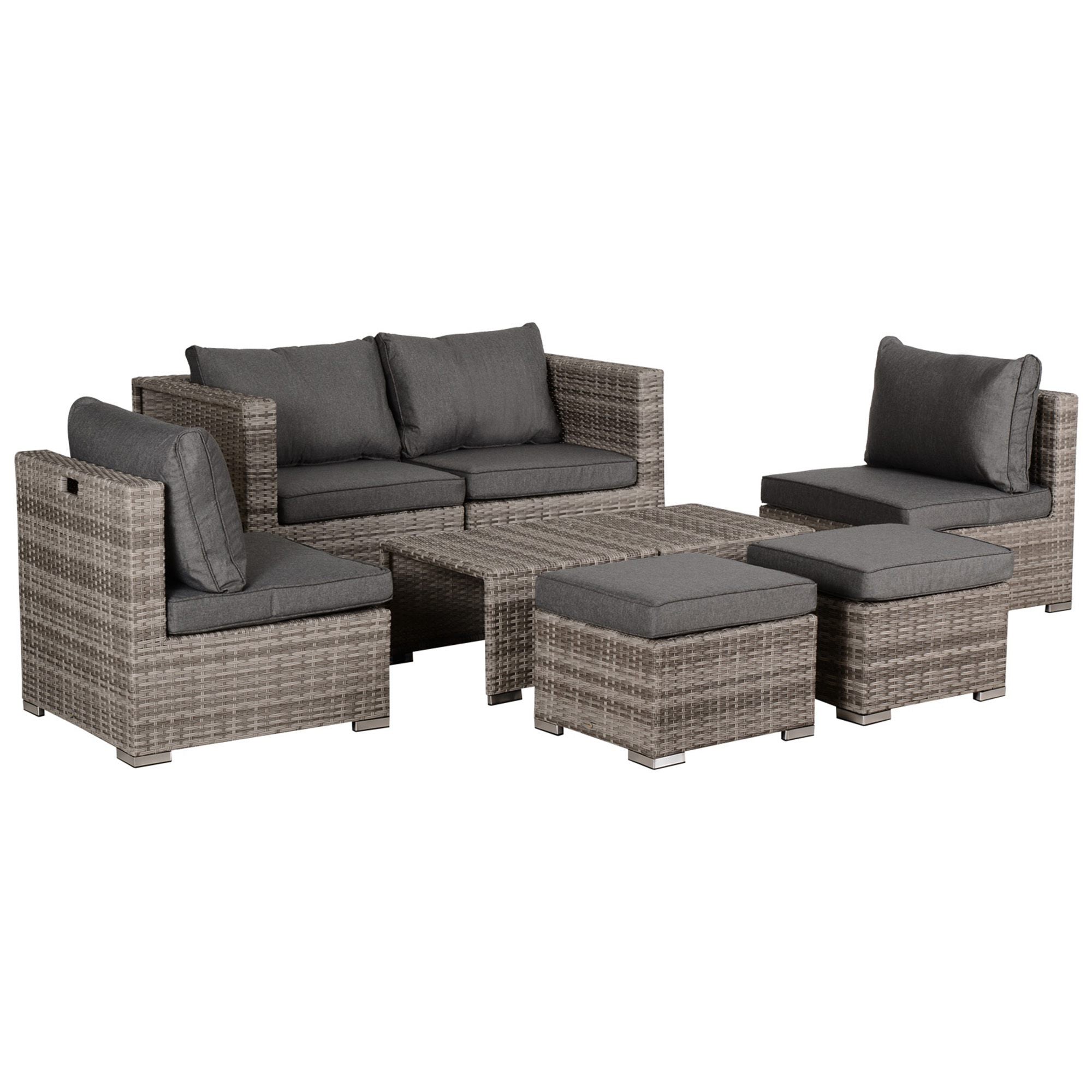 Outsunny 8 Pieces Rattan Garden Furniture Set, Garden Corner Sofa Set with 4 Chairs, 2 Footstools, 2 Coffee Tables and Cushions, Space-Saving Design, No Assembly Required, Grey 