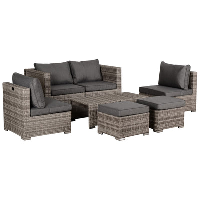 Outsunny 8 Pieces Rattan Garden Furniture Set, Garden Corner Sofa Set with 4 Chairs, 2 Footstools, 2 Coffee Tables and Cushions, Space-Saving Design, No Assembly Required, Grey 