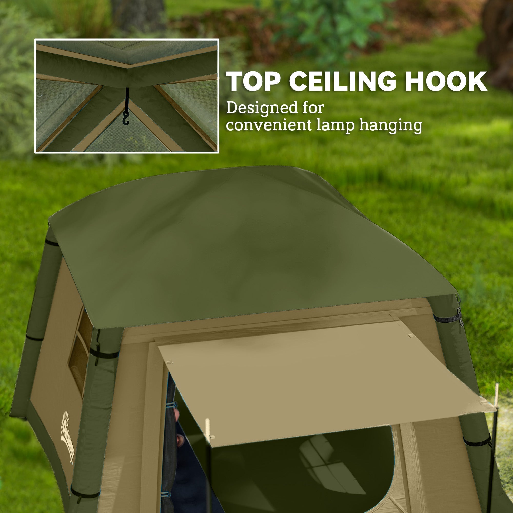 Outsunny Inflatable Camping Tent w/ Hand Pump, Easy Setup 1/2 Person Blow Up Tent Waterproof 190T Taffeta w/ Mesh Windows, Doors and Carry Bag, Brown 