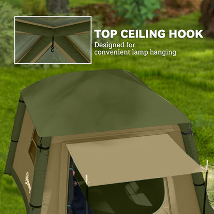 Outsunny Inflatable Camping Tent w/ Hand Pump, Easy Setup 1/2 Person Blow Up Tent Waterproof 190T Taffeta w/ Mesh Windows, Doors and Carry Bag, Brown 