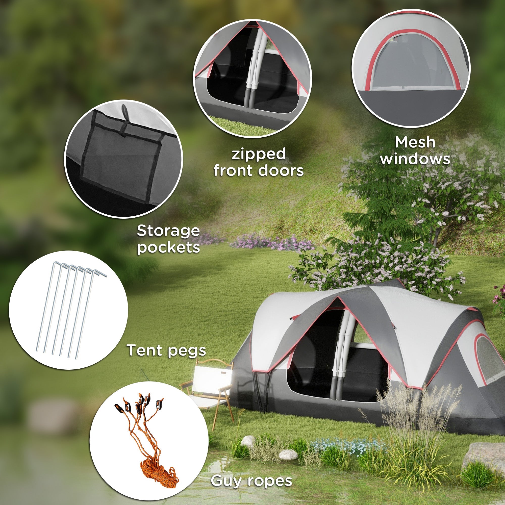 Outsunny Camping Tent for 6-8 Man with 2000mm Waterproof Rainfly and Carry Bag for Fishing Hiking Festival, Grey 