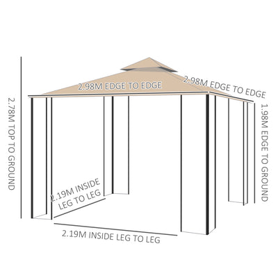 Outsunny 3(m) x 3(m) Garden Gazebo, Double Roof Outdoor Gazebo Canopy Shelter with Netting, Solid Steel Frame for Garden, Lawn, Backyard and Deck 