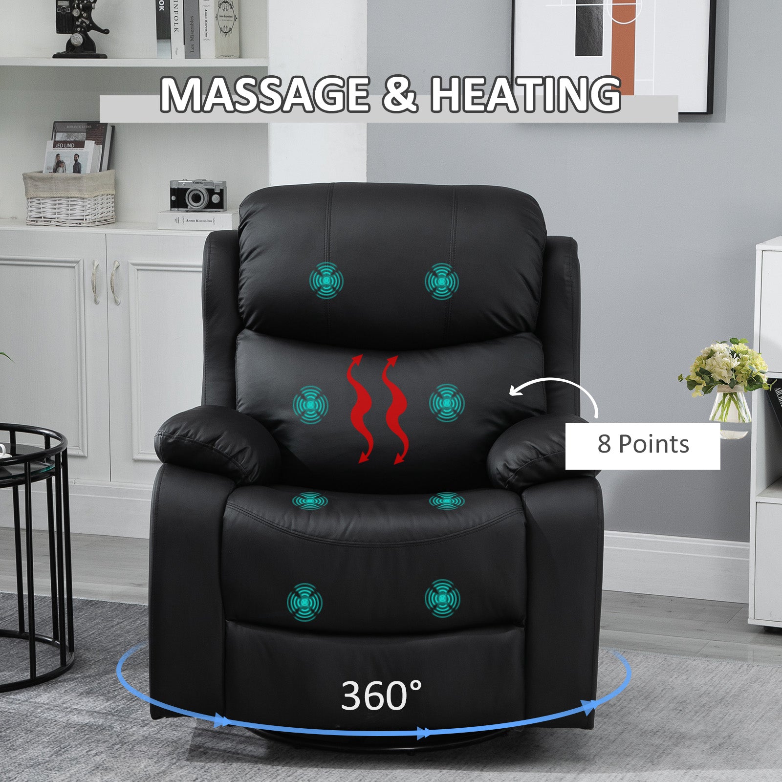 HOMCOM PU Leather Reclining Chair with 8 Massage Points and Heat, Manual Recliner with Swivel Base, Footrest and Remote, Black