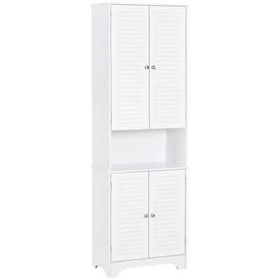 HOMCOM Tall Freestanding Bathroom Cabinet Retro Shutters w/ 3 Compartments Shelves Elevated Base Narrow Organiser White 60L x 30W x 182.5H cm 