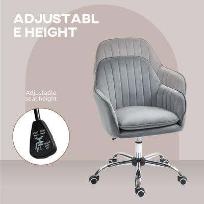 HOMCOM Office Chair, Swivel Desk Chair, Velvet-Feel Fabric Vanity Chair with Adjustable Height and Rolling Wheels for Home Work Study, Grey 