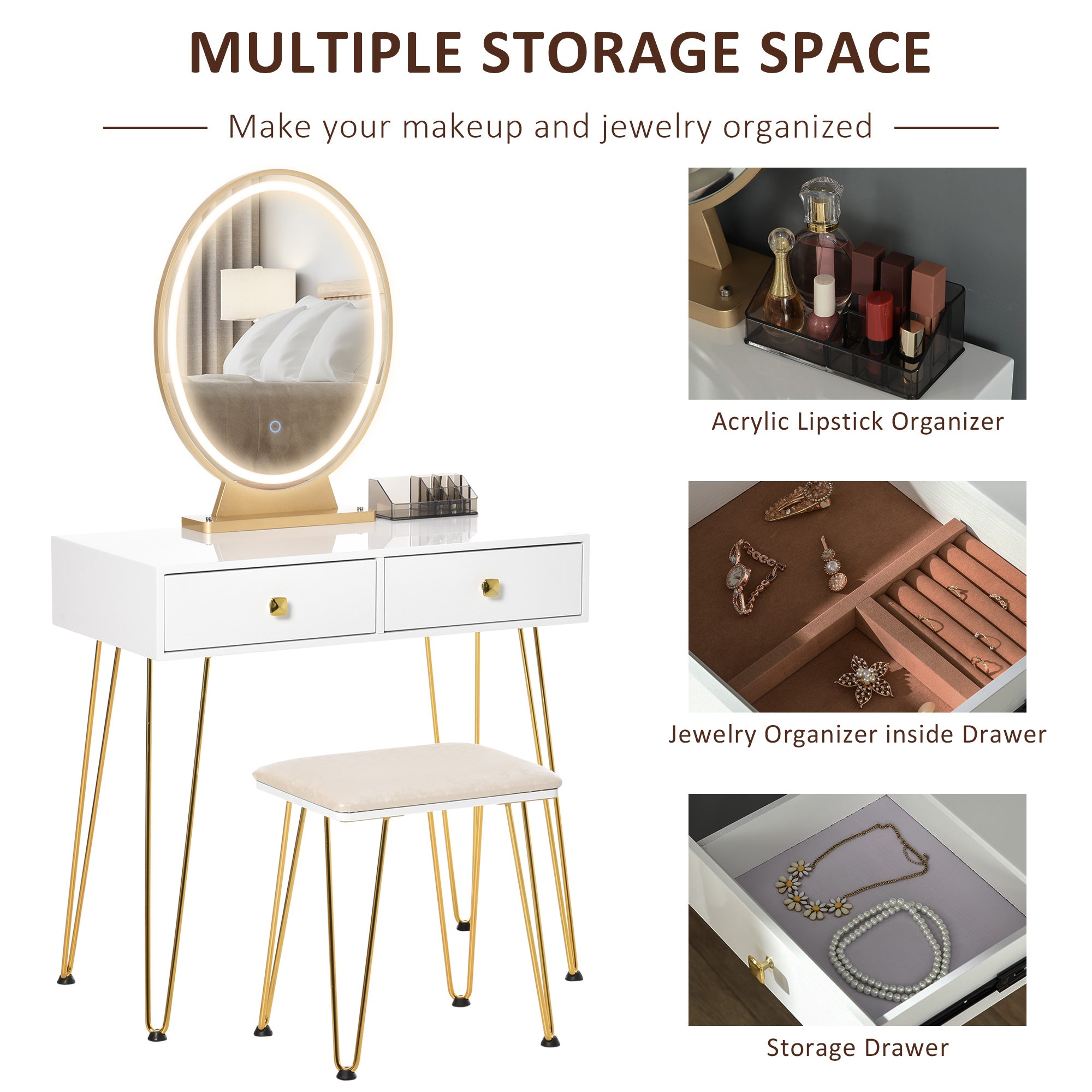HOMCOM Dressing Table Set with LED Light, Round Mirror, Vanity Makeup Table with 2 Drawers and Cushioned Stool for Bedroom, White 