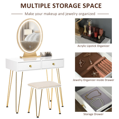 HOMCOM Dressing Table Set with LED Light, Round Mirror, Vanity Makeup Table with 2 Drawers and Cushioned Stool for Bedroom, White 