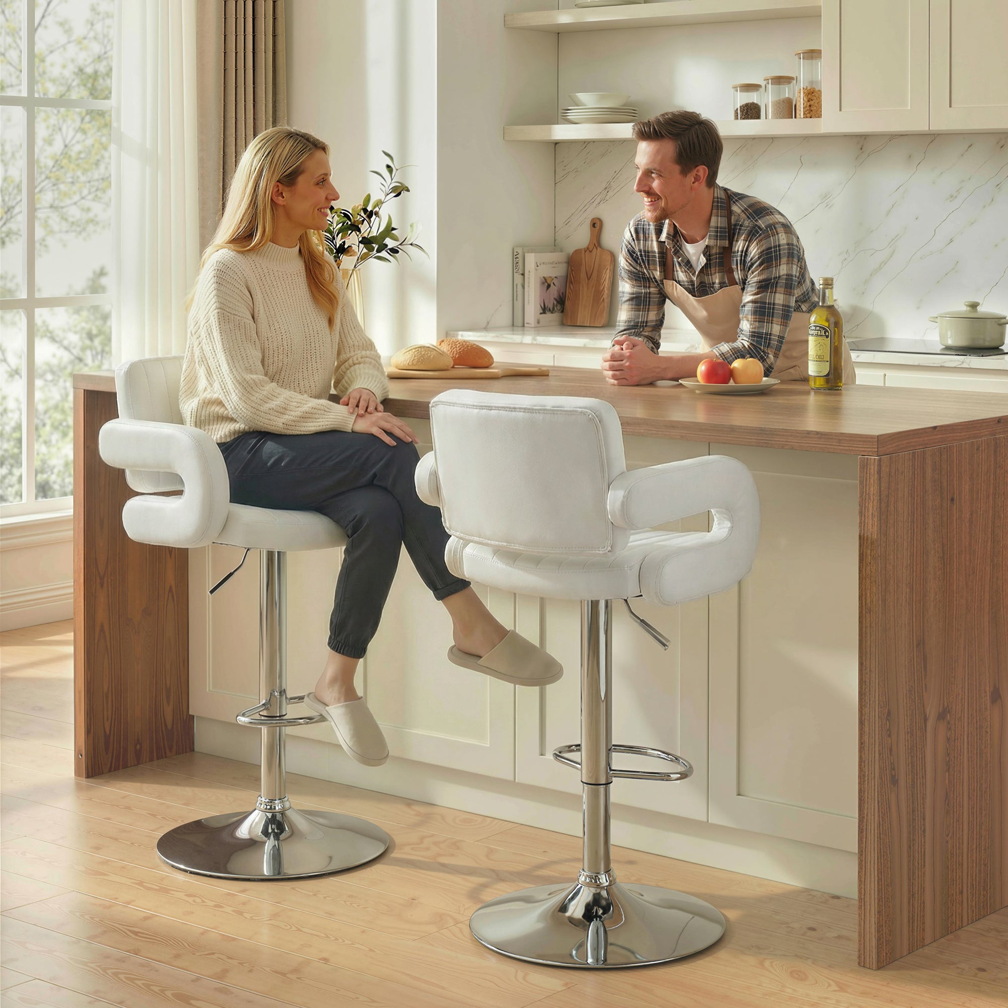 HOMCOM Bar Stools Adjustable Swivel Kitchen Chairs with Backrest Armrest Set of 2 PU Leather White 