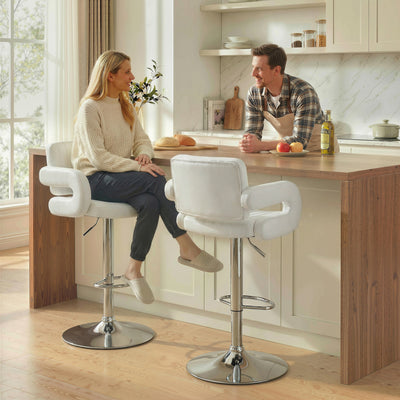 HOMCOM Bar Stools Adjustable Swivel Kitchen Chairs with Backrest Armrest Set of 2 PU Leather White 
