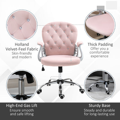 Vinsetto Office Chair, Swivel Desk Chair, Velvet Vanity Chair with Adjustable Height and Rolling Wheels for Home Work Study, Pink 
