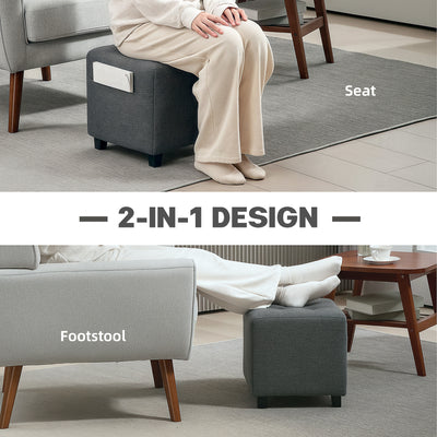 HOMCOM Square Footstool, Small Ottoman with Side Pocket, Linen Fabric Footrest Foot Stool with Rubber Wood Legs and Padded Seat for Living Room, Bedroom, Entryway, 35 x 35 x 35cm, Grey 