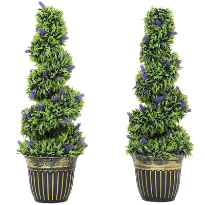 HOMCOM Set of 2 Decorative Artificial Plants, Boxwood Spiral Topiary Tree with Lavender and Pot, Fake Plants for Home Indoor Outdoor Decor, 90cm 