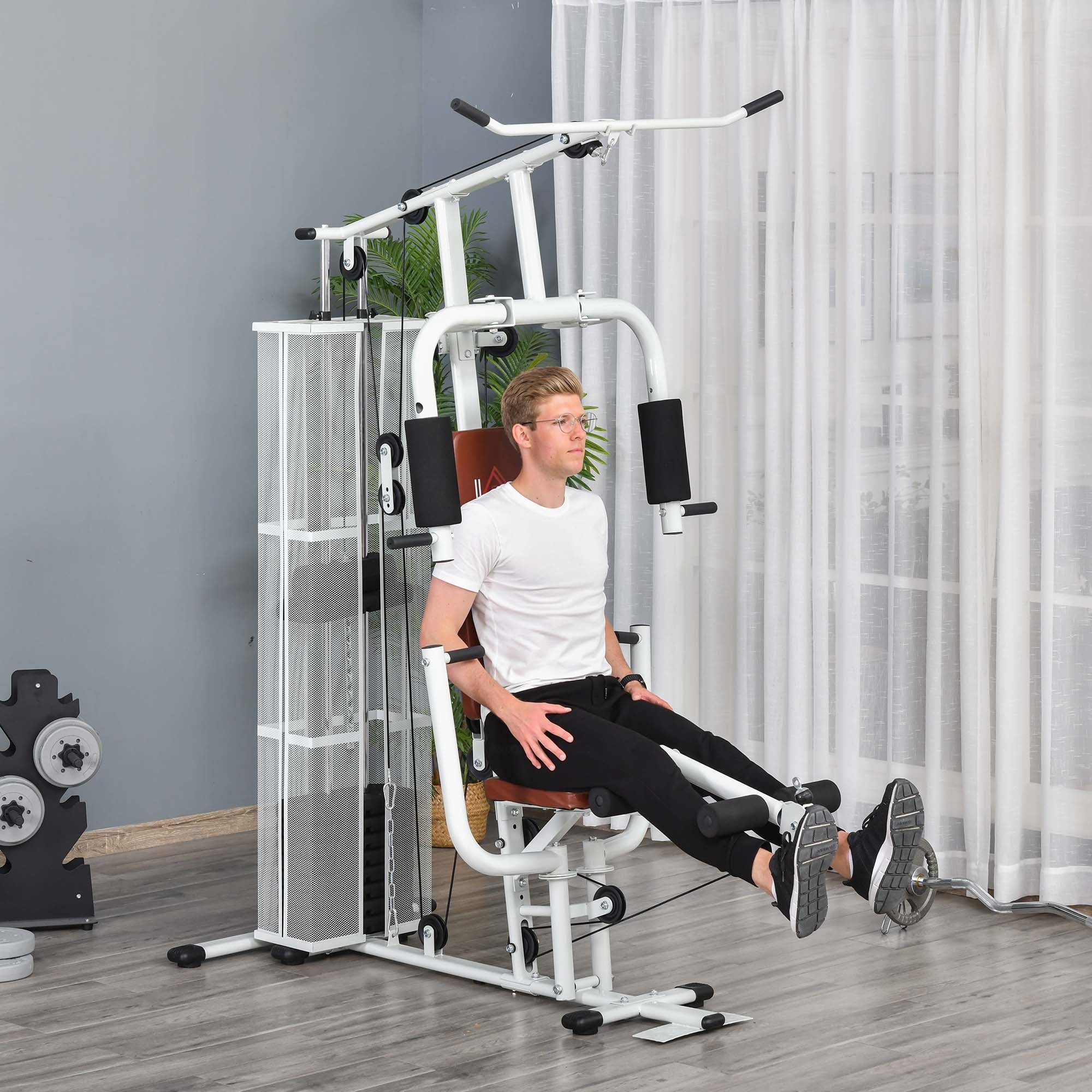 HOMCOM Multifunction Home Gym Weight Training Workout Station Fitness Strength Machine, White 