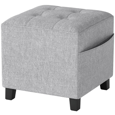 HOMCOM Square Footstool, Small Ottoman with Side Pocket, Linen Fabric Footrest Foot Stool with Rubber Wood Legs and Padded Seat for Living Room, Bedroom, Entryway, 35 x 35 x 35cm, Light Grey 