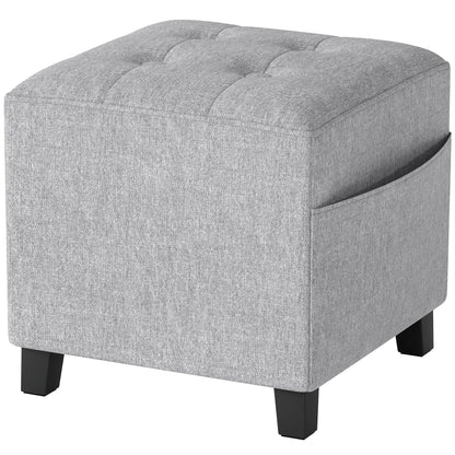 HOMCOM Square Footstool, Small Ottoman with Side Pocket, Linen Fabric Footrest Foot Stool with Rubber Wood Legs and Padded Seat for Living Room, Bedroom, Entryway, 35 x 35 x 35cm, Light Grey