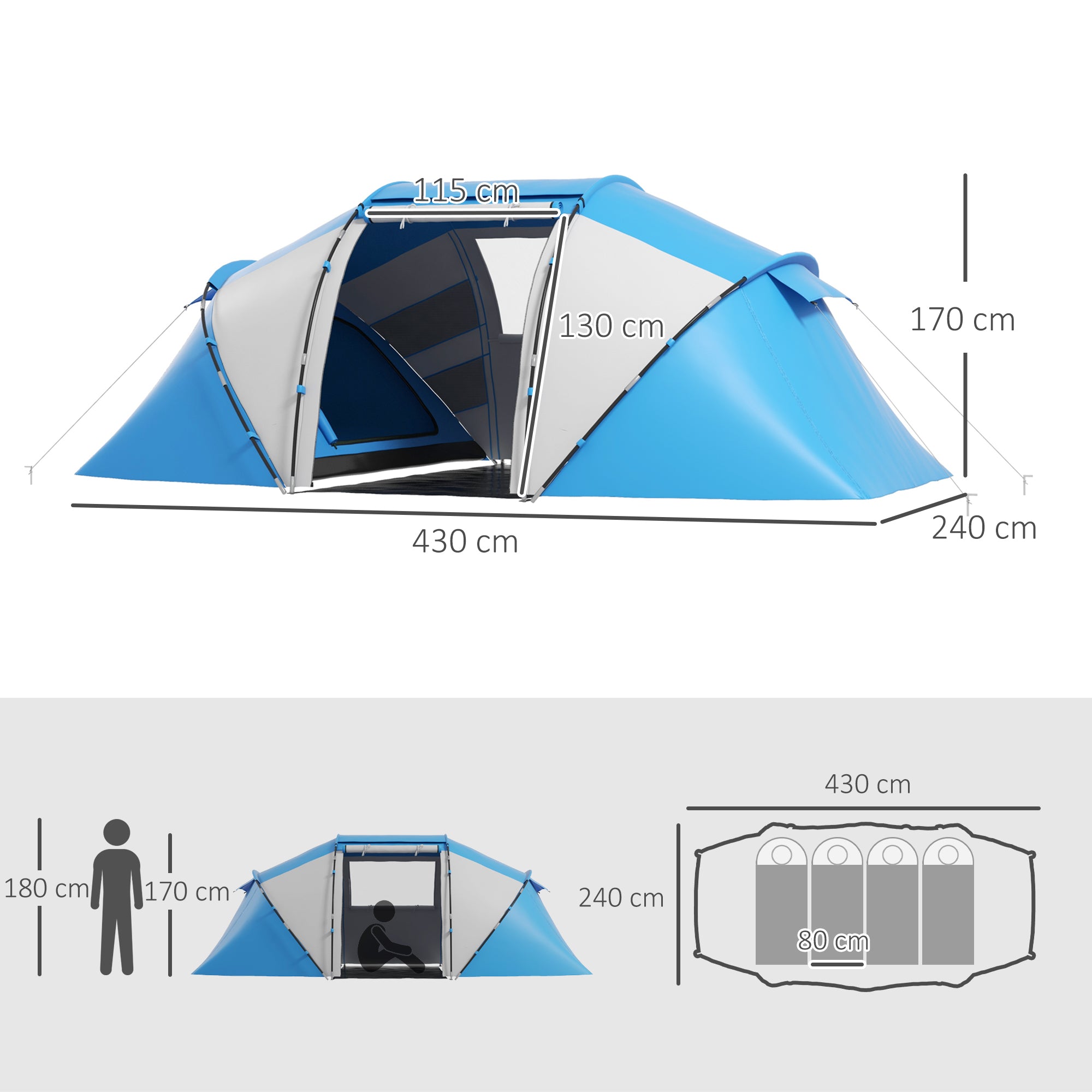 Outsunny 4-6 Man Camping Tent w/ Two Bedroom, Hiking Sun Shelter, UV Protection Tunnel Tent, Blue and White 