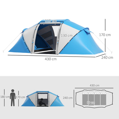 Outsunny 4-6 Man Camping Tent w/ Two Bedroom, Hiking Sun Shelter, UV Protection Tunnel Tent, Blue and White 