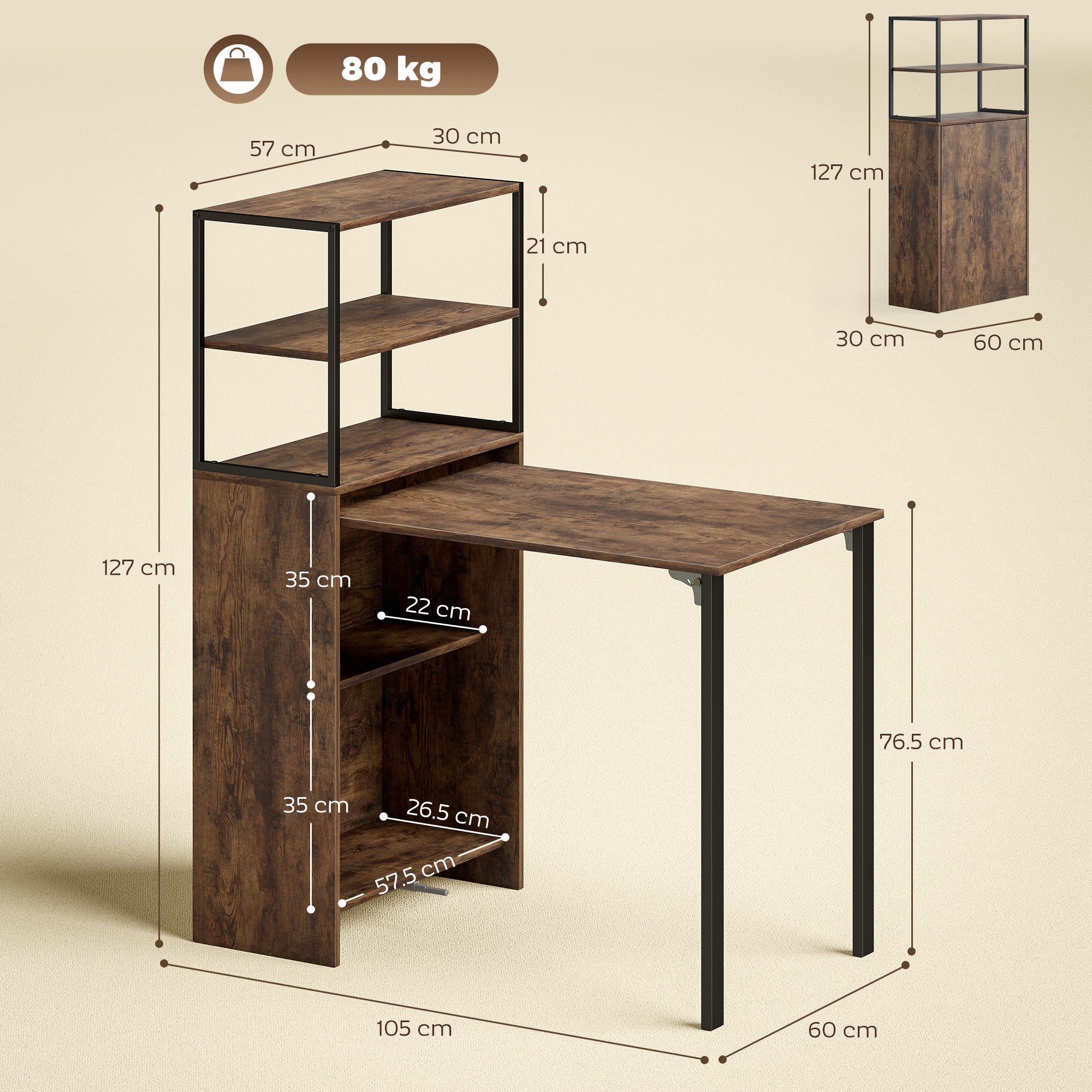 HOMCOM Folding Shelf and Work Table - Brown/Black 