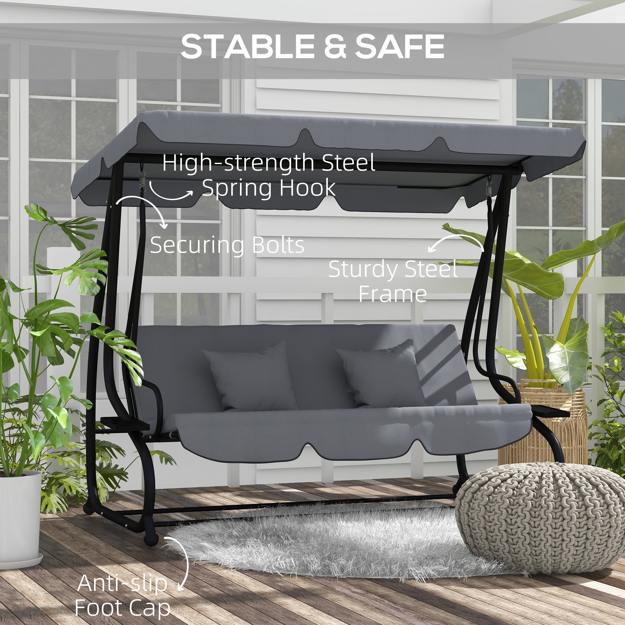 Outsunny Three-Person garden Swing Chair, with Adjustable Canopy - Light Brown 