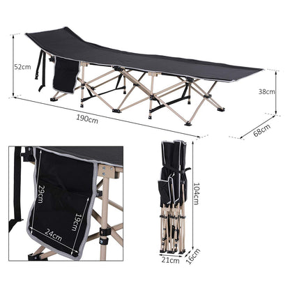 Outsunny Single Person Camping Bed Folding Cot Outdoor Patio Portable Military Sleeping Bed Travel Guest Leisure Fishing with Side Pocket and Carry Bag - Black 