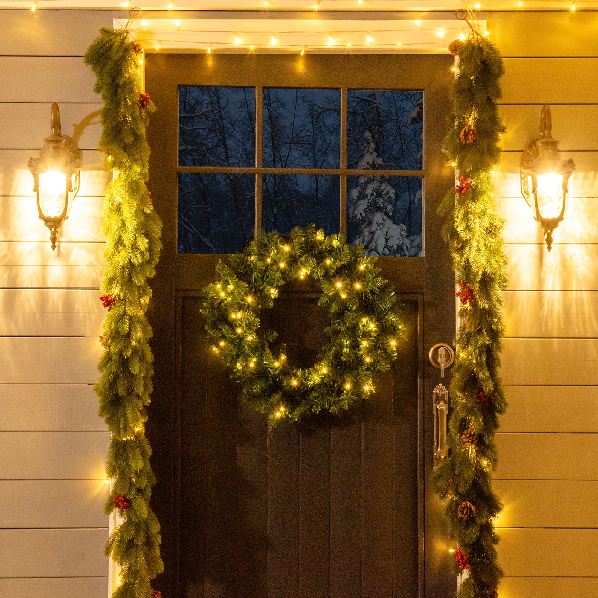 HOMCOM 55CM Pre-lit Christmas Wreath with 50 Warm White LED Ideal Xmas Artificial Door Decoration 