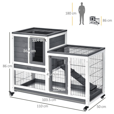 PawHut Wooden Indoor Rabbit Hutch Guinea Pig House Bunny Small Animal Cage W/ Wheels Enclosed Run 110 x 50 x 88 cm, Grey 