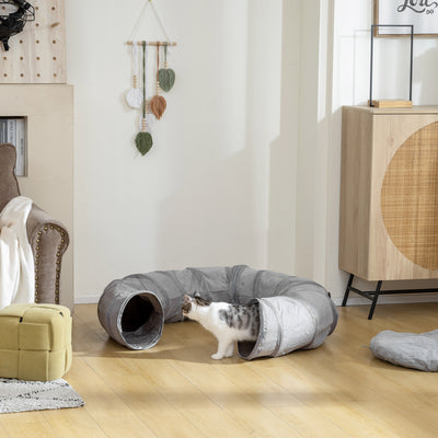 PawHut 2 in 1 Cat Tunnel with Bed, Cat Play Tunnel with Ball & Peek Hole for Indoor Cats, Grey 