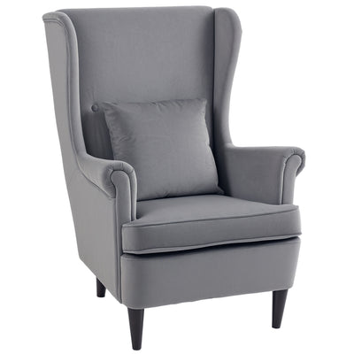 HOMCOM Modern Accent Chair, Upholstered Wingback Armchair with High Backrest and Pillow, Velvet-Feel Fabric Reading Chair with Solid Wood Legs for Living Room, Bedroom, Home Office, Dark Grey 