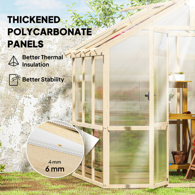 Outsunny 6.6 x 6ft Polycarbonate Greenhouse, Walk-in Wooden Greenhouse with Lockable Door and Window, Garden Plants Grow House, Brown 