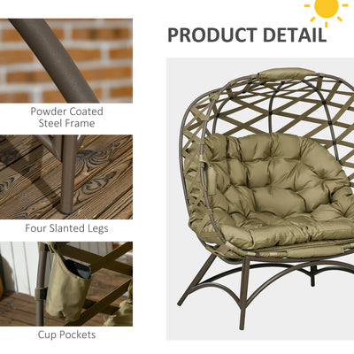 Outsunny 2 Seater Egg Chair Outdoor, Folding Weave Garden Furniture Chair with Cushion, Cup Pockets - Khaki 