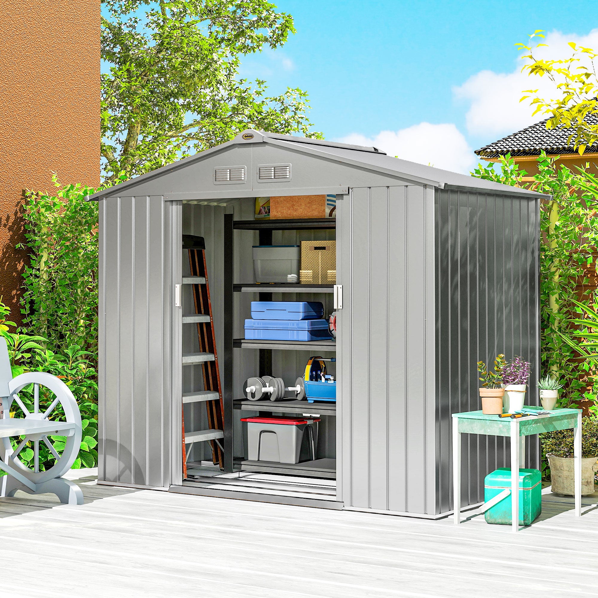 Outsunny 7 x 4ft Lockable Metal Garden Tool Storage Shed Storage - Light Grey 