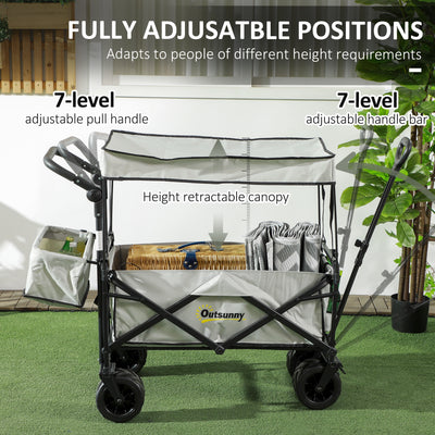 Outsunny Folding Trolley Cart Storage Wagon Beach Trailer 4 Wheels with Handle Overhead Canopy Cart Push Pull for Camping, Grey 