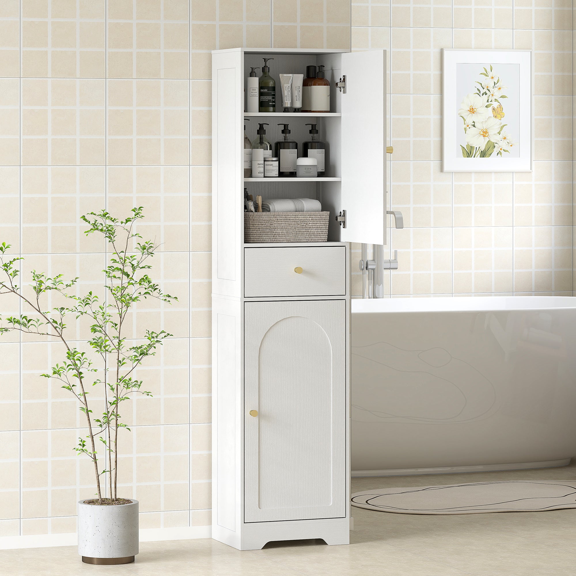 HOMCOM Tall Bathroom Cabinet with Arched Doors - White
