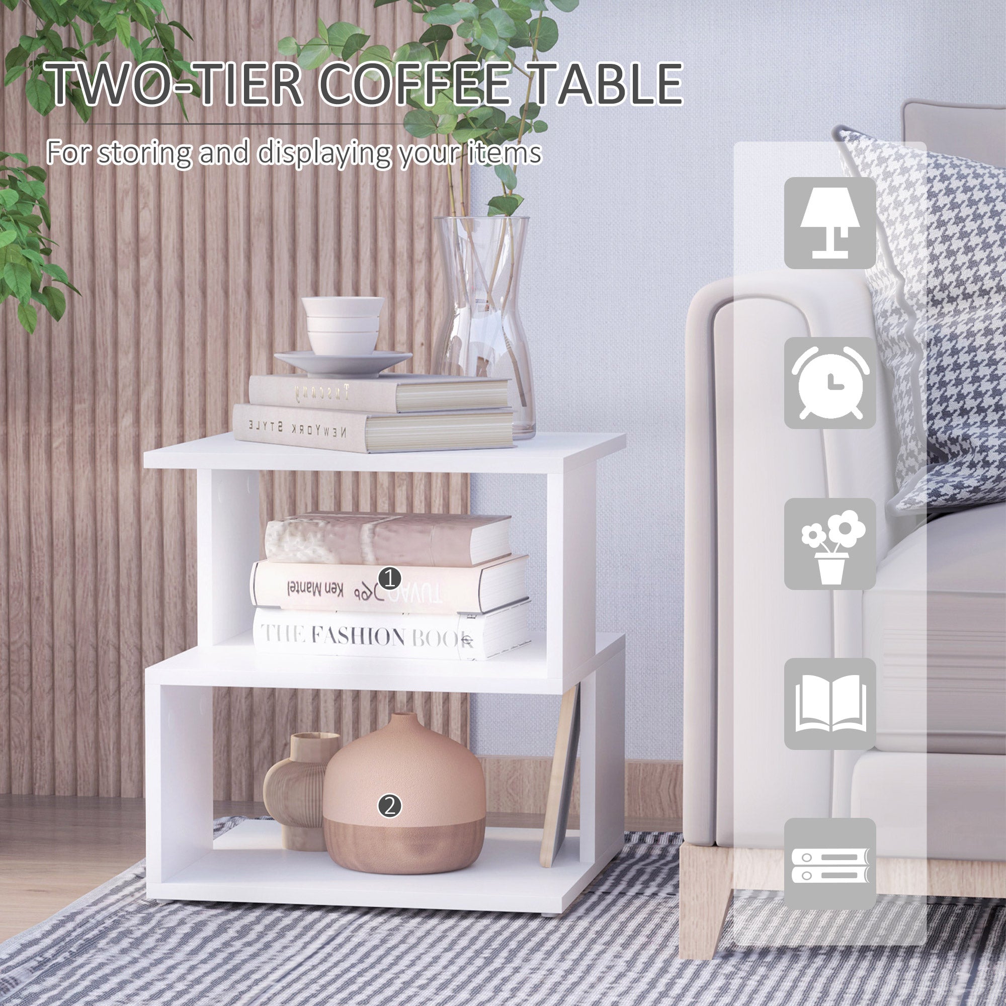 HOMCOM Side Table Square Coffee Table Modern End Table with 2 Tier Storage Shelves for Living Room, Bedroom, White 