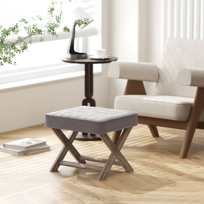 HOMCOM Vintage Footstool Padded Seat X Leg Chair Velvet Cover Shabby Chic Footrest Solid Rubber Wood Frame 49.5 x 45 x 41 cm Grey 