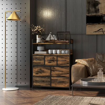 HOMCOM Rustic Chest of Seven Fabric Drawers - Rustic Brown 