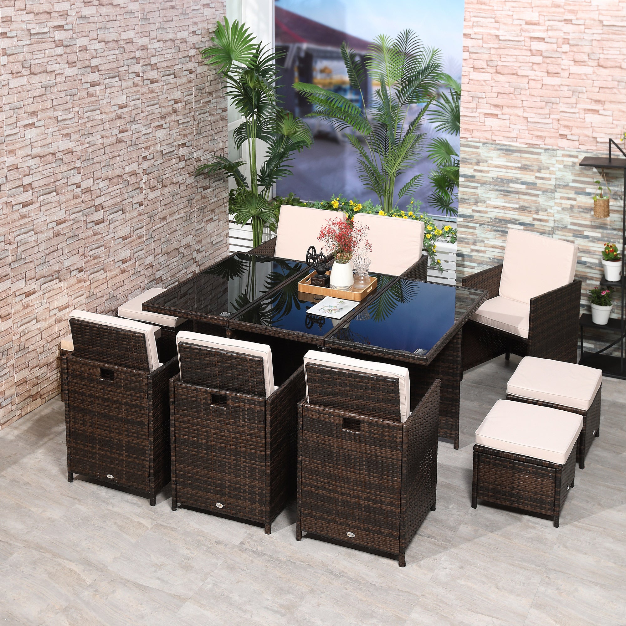 Outsunny 10 Seater Rattan Cube Garden Furniture Set with Parasol Hole, Rattan Dining Set with Cushions, Outdoor Dining Table and Chairs with Rectangular Glass Top Table for Patio, Mixed Brown 