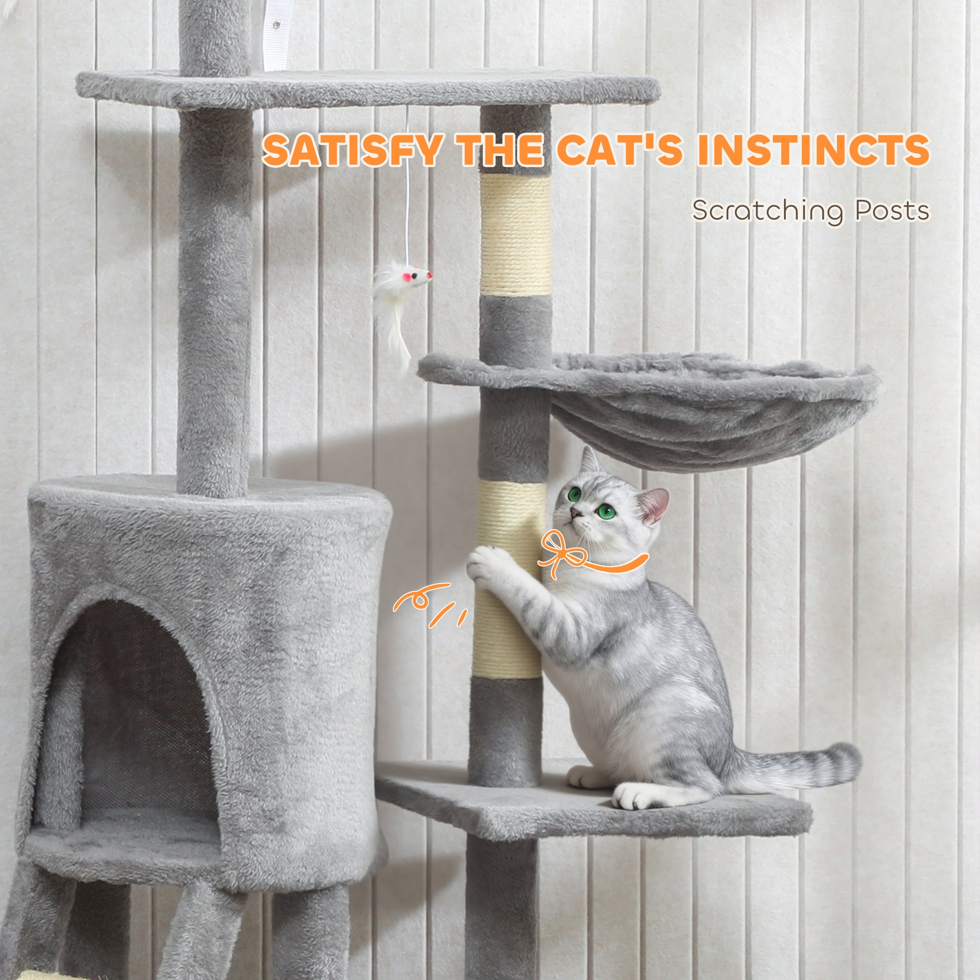 PawHut Multi-Level Cat Tower, 134cm Cat Tree with Condo and Sisal Scratching Posts for Indoor Kittens, Grey 