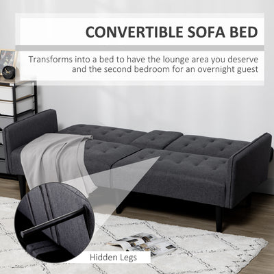HOMCOM Upholstered Click Clack Sofa Bed, Linen-Feel 3 Seater Sofa Bed with Storage and Cupholders, Grey 