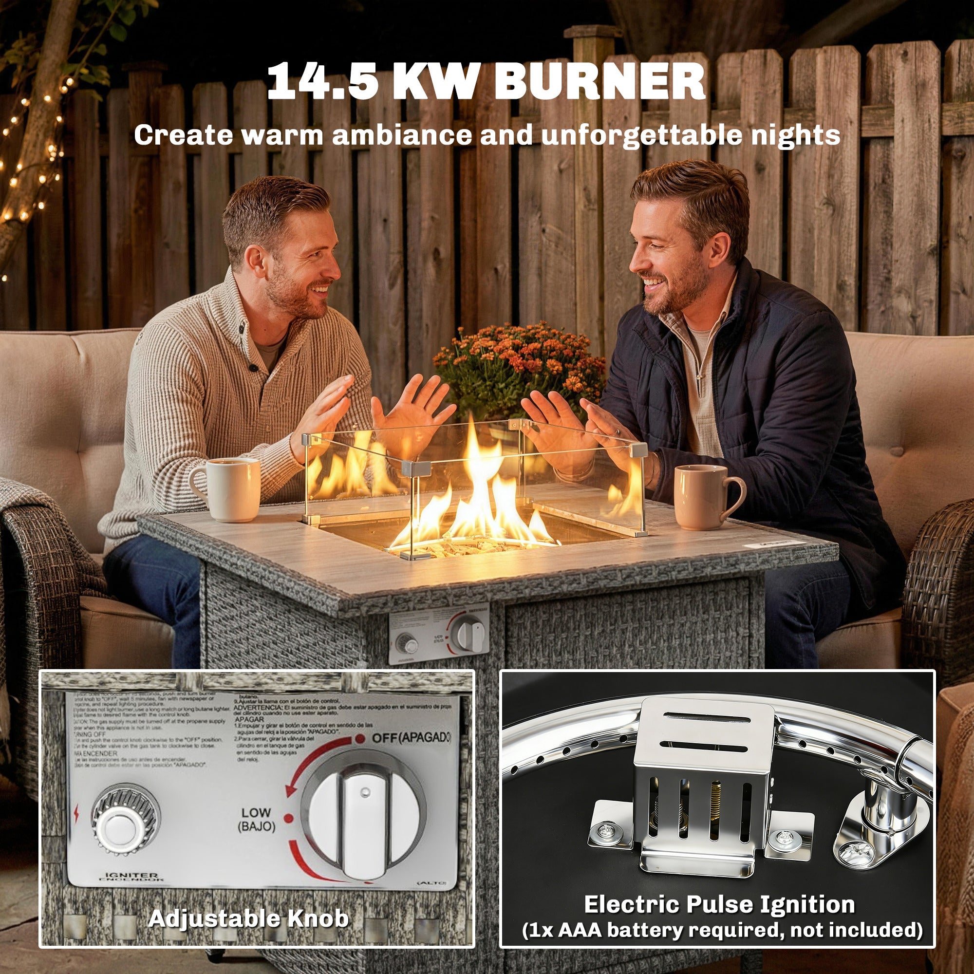 Outsunny 14.5 KW Rattan Gas Fire Pit Dining Table with Rain Cover, Wind Guard, Lid, Lava Rocks, Dark Grey 