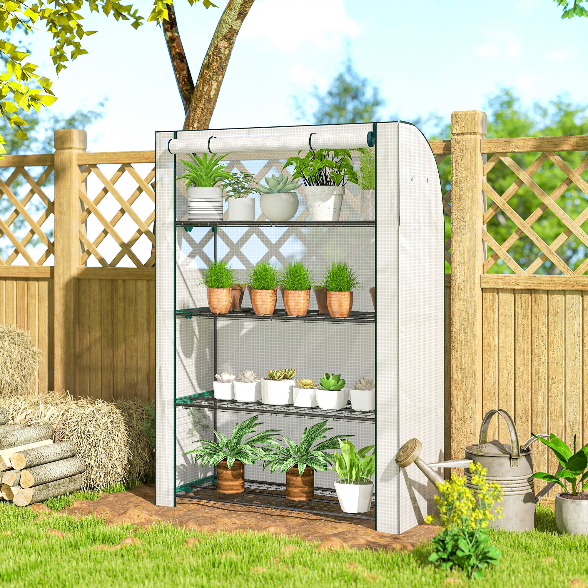 Outsunny Mini Greenhouse with Reinforced PE Cover, Portable Indoor Outdoor Green House with Roll-up Door, 170 x 120 x 50cm, White 