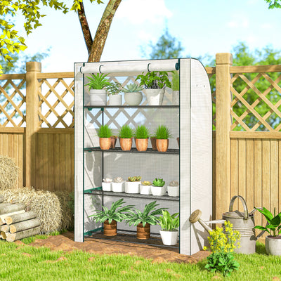 Outsunny Mini Greenhouse with Reinforced PE Cover, Portable Indoor Outdoor Green House with Roll-up Door, 170 x 120 x 50cm, White 