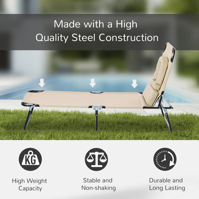 Outsunny Outdoor Foldable Sun Lounger, 4 Level Adjustable Backrest Reclining Sun Lounger Chair with Pillow and Reading Hole, Beige 
