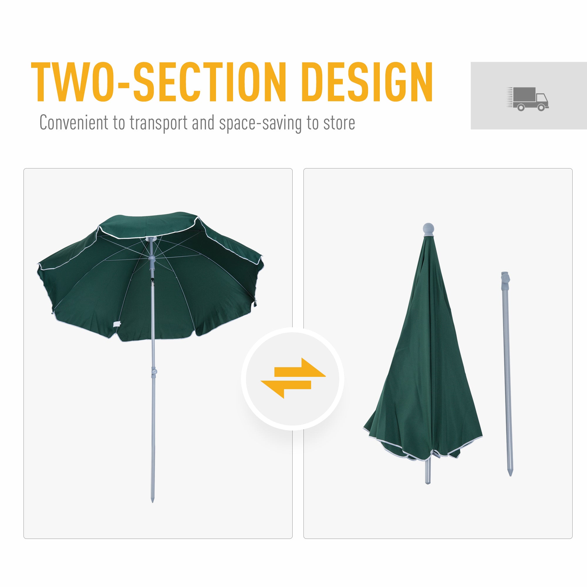 Outsunny 2.2m Beach Umbrella, Portable Parasol with Tilting Function, Outdoor Sunshade Shelter with 8 Ribs, Green 